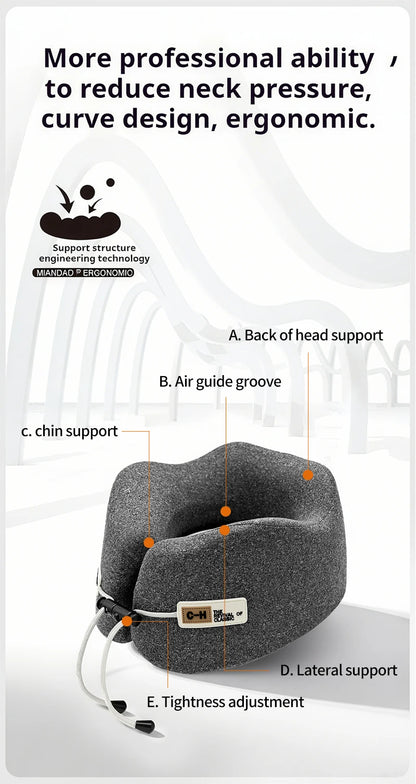 Neck pillow with labeled features on a white background