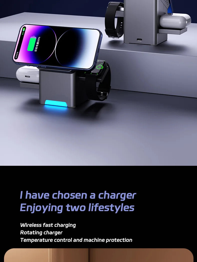 Multi-device charging station with smartphone, smartwatch, and wireless earbuds on a gray surface.