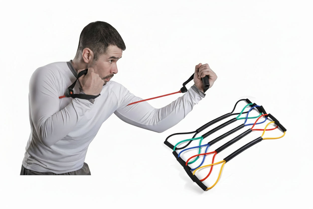 Man using a boxing training band with text 'Boxing training band' on a white background