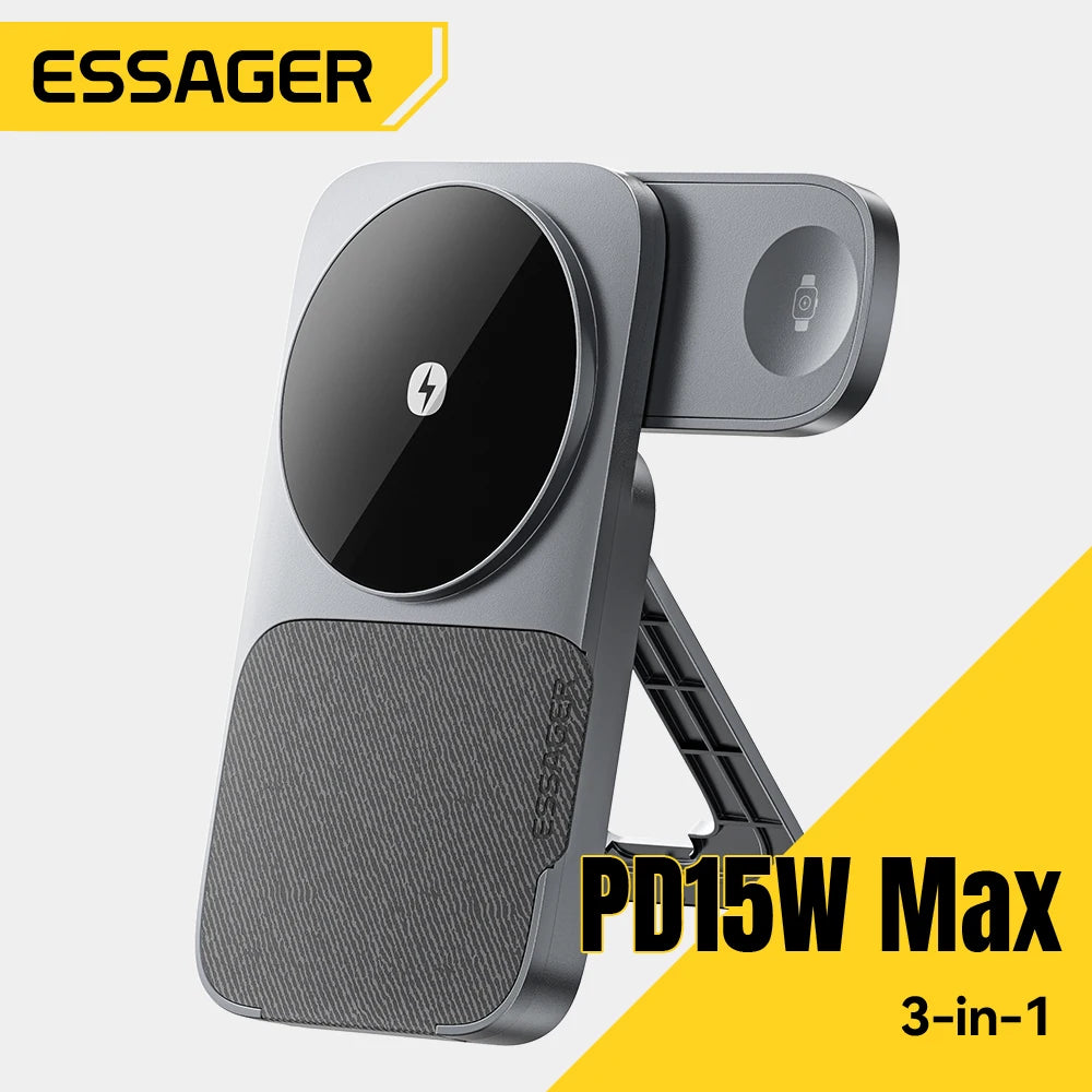 Essager 3-in-1 Wireless Charger Stand 15W – MagSafe Compatible for iPhone, Apple Watch & AirPods