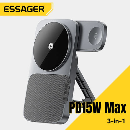 Essager 3-in-1 Wireless Charger Stand 15W – MagSafe Compatible for iPhone, Apple Watch & AirPods