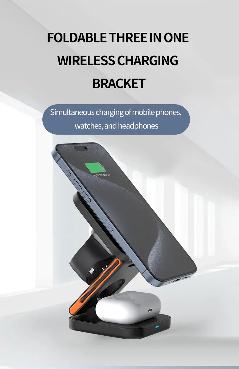 Foldable three-in-one wireless charging bracket with smartphone, watch, and headphones on a white background.