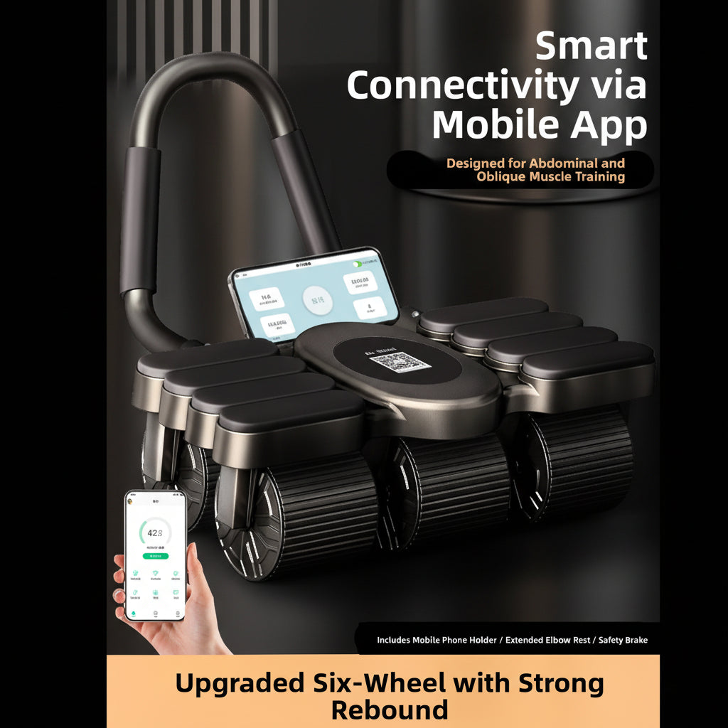 Handheld fitness device with smartphone app interface on a black background