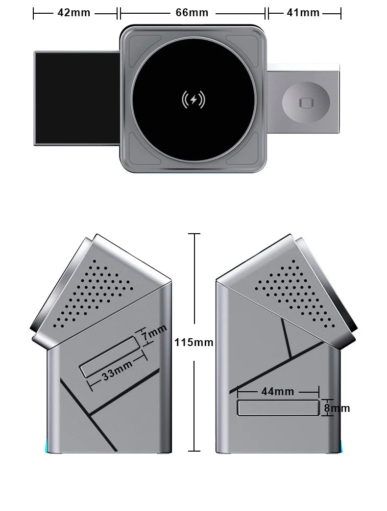 Measurement chart of a wireless charging pad with dimensions labeled.