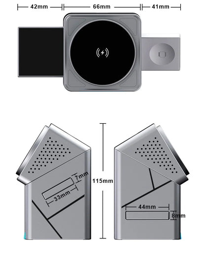 Measurement chart of a wireless charging pad with dimensions labeled.