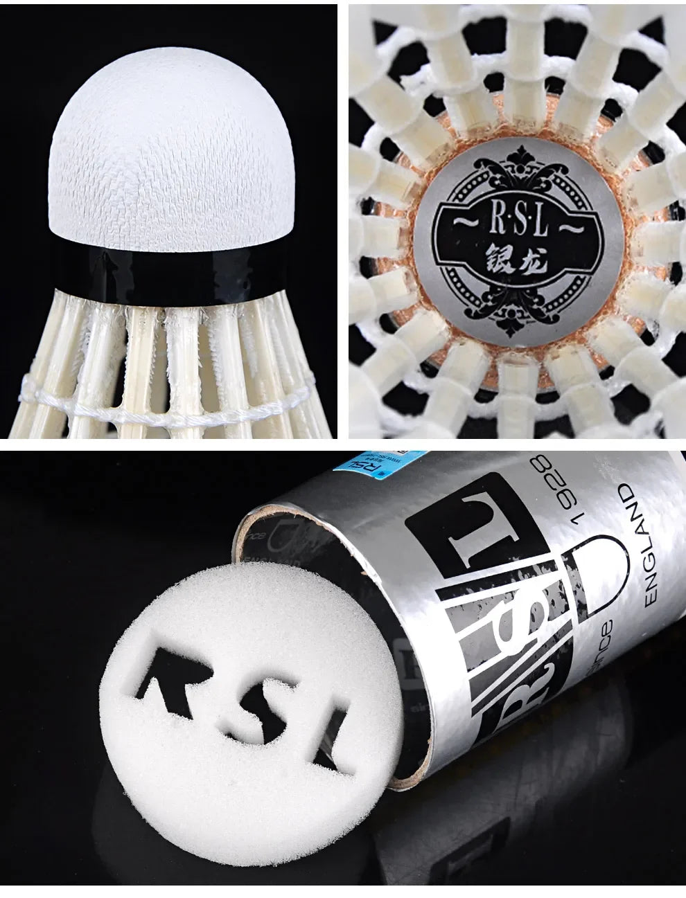 Collage of a badminton shuttlecock with RSL branding, showing top view, close-up of label, and packaging.
