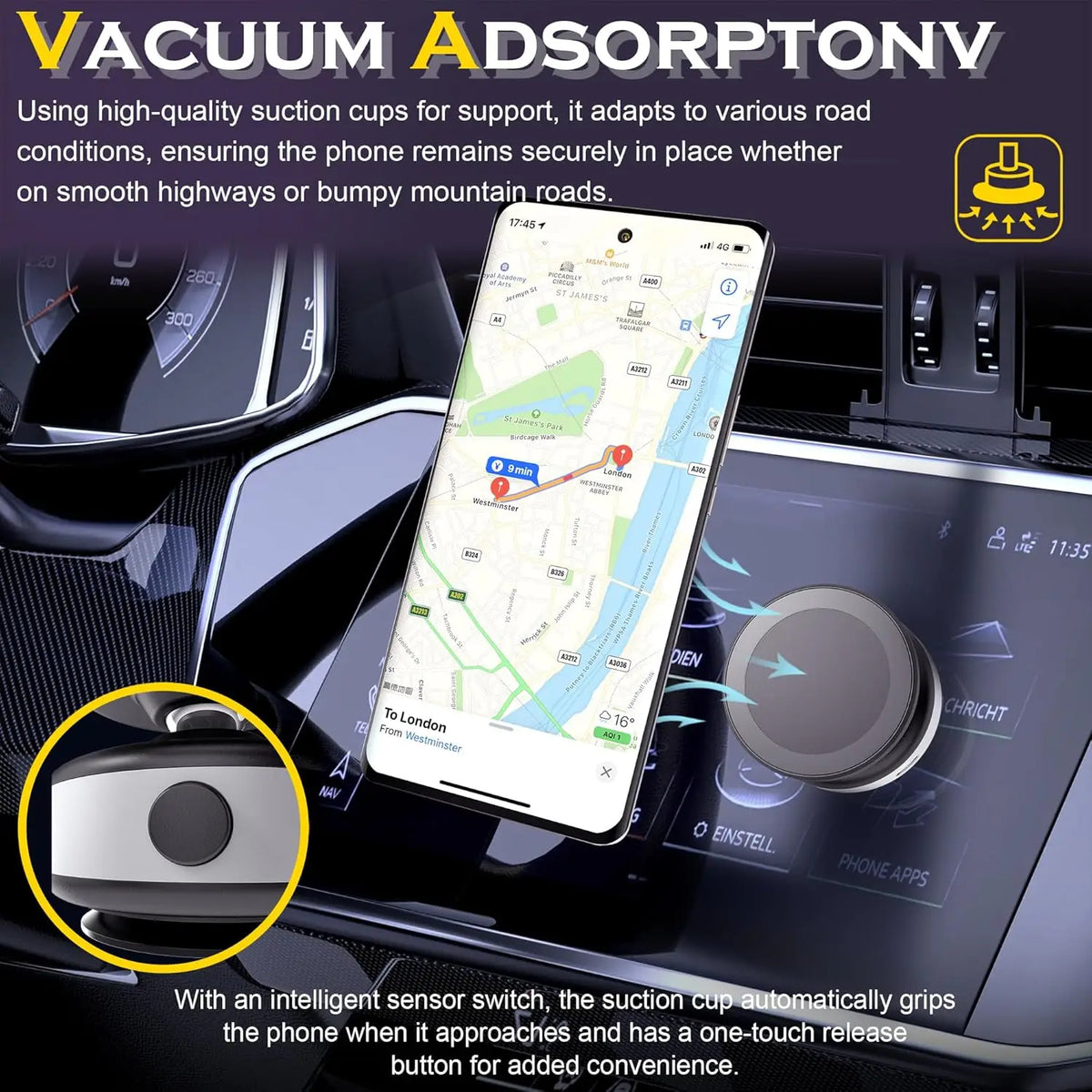 Vacuum adsorptory device holding a phone in a car dashboard with text describing its features.