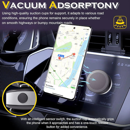Vacuum adsorptory device holding a phone in a car dashboard with text describing its features.