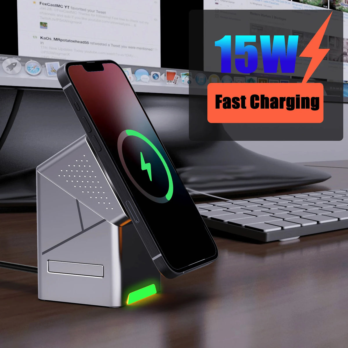Wireless phone charger on a desk with computer and text indicating fast charging.