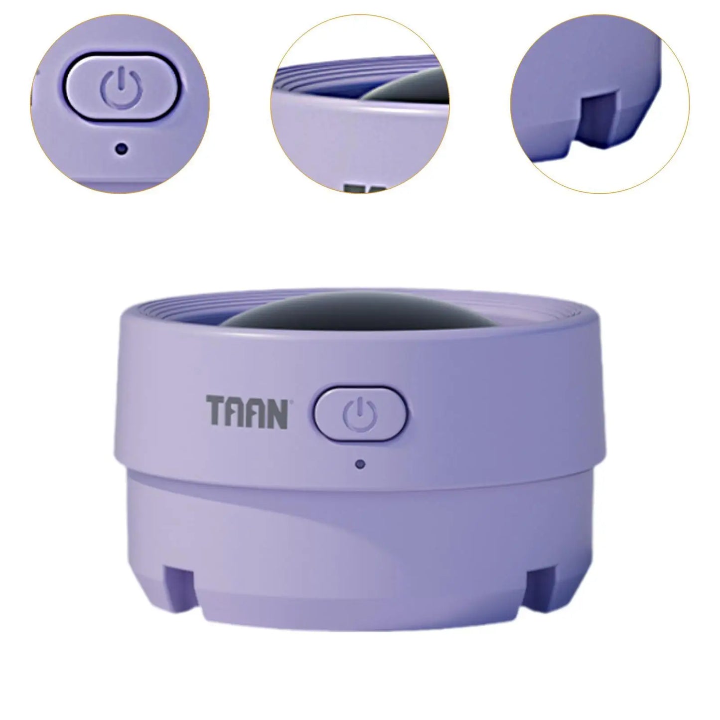 Purple portable badminton shuttlecock humidifier with power button and close-up details on a white background