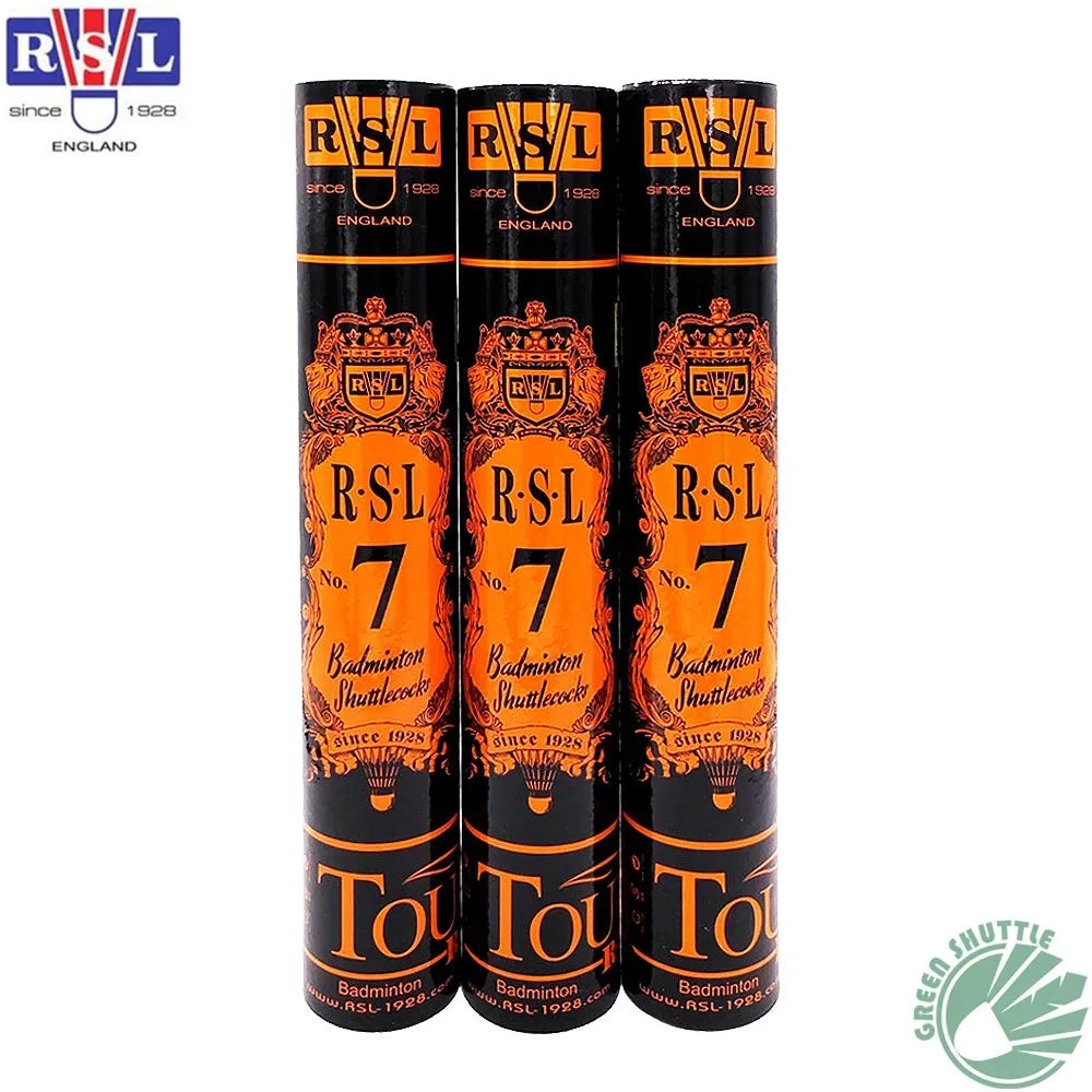 Three RSL badminton shuttlecock packages on a white background