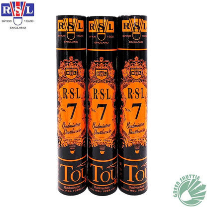 Three RSL badminton shuttlecock packages on a white background