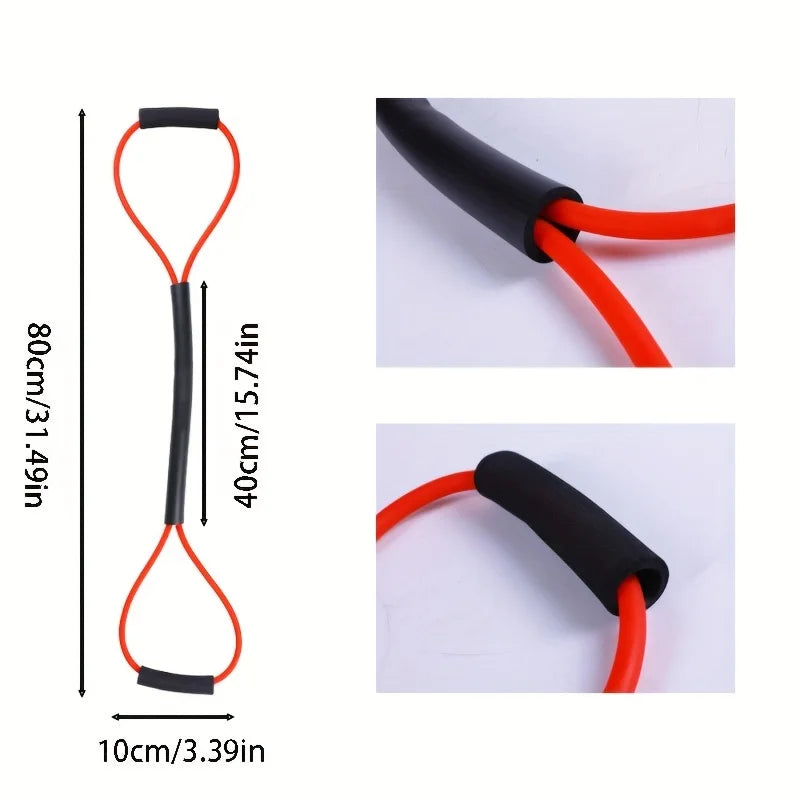 Red resistance band with black handles, showing measurements on a white background.