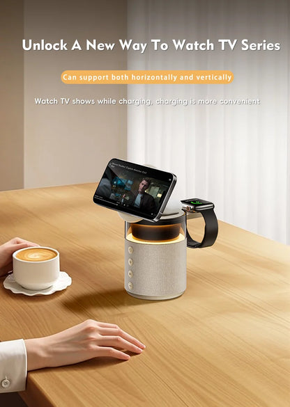 Smart phone stand with cup holder on a table, displaying smartphone and smartwatch, with text about TV watching and charging convenience.