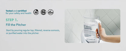 Water pitcher with step-by-step instructions on a white background