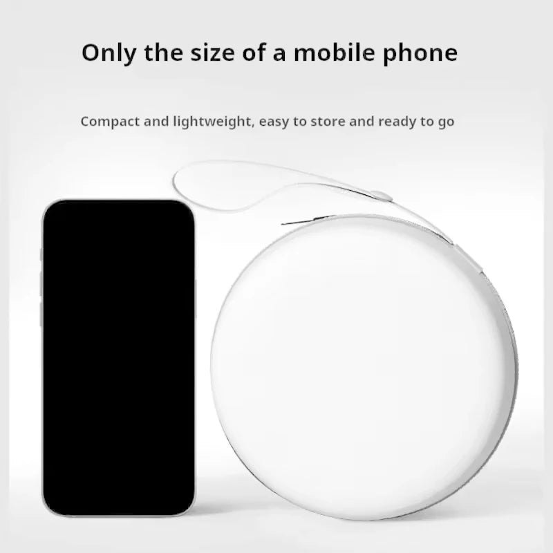 Small round device next to a smartphone with text about its size and portability.