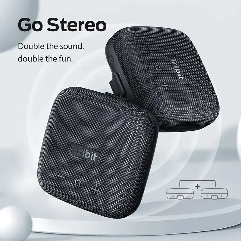Black Tribit stereo speakers with 'Go Stereo' text on a light gray background