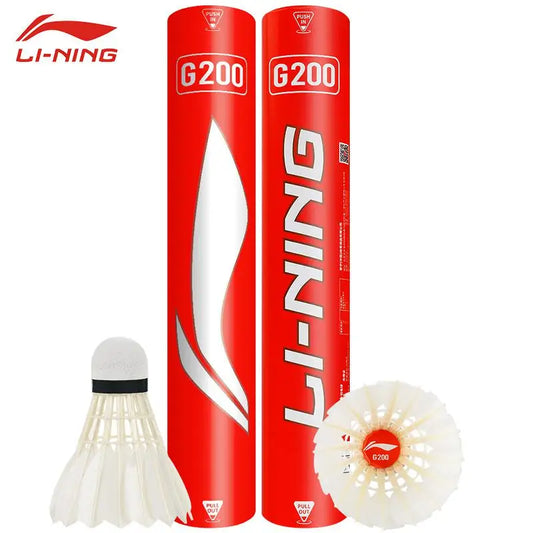 Two red Li-Ning G200 badminton shuttlecock packages with a white shuttlecock in front on a white background.