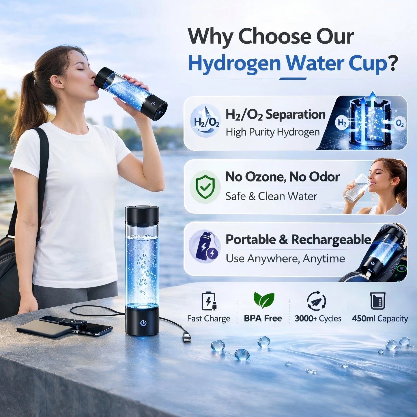 Woman drinking from a hydrogen water cup with product features highlighted on a blue sky background.