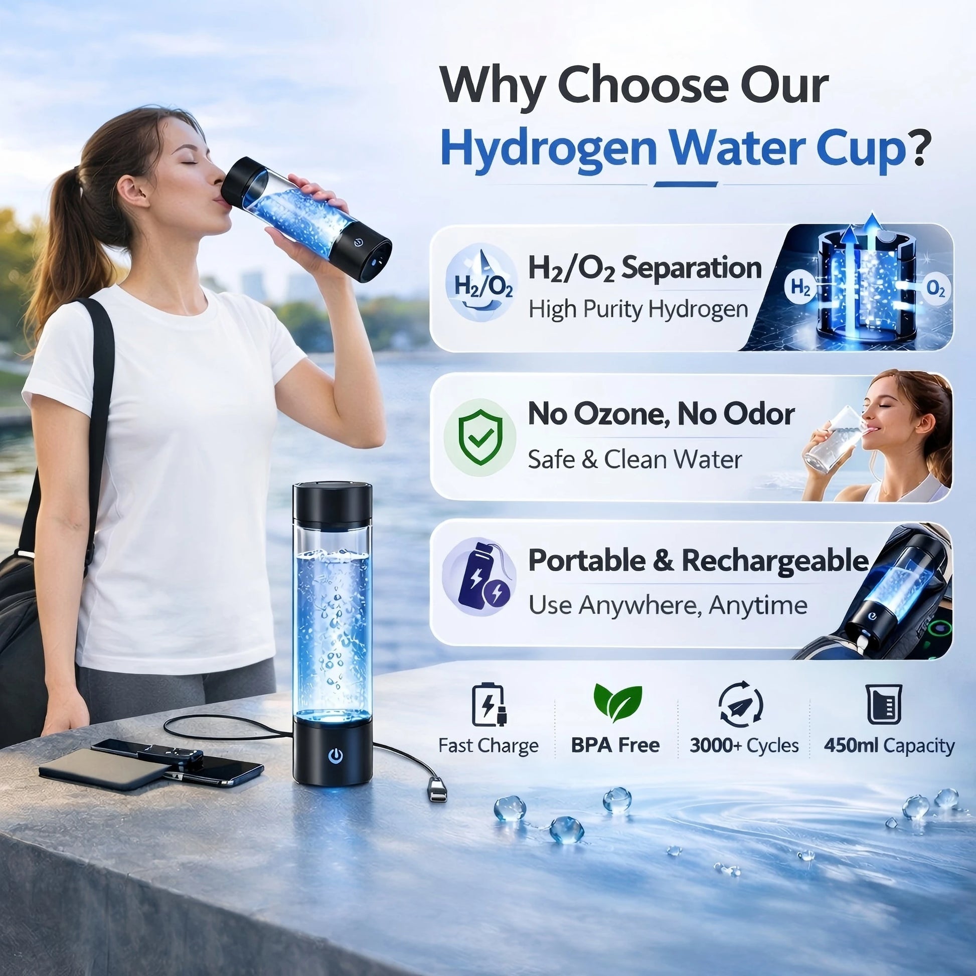 Woman drinking from a hydrogen water cup with product features highlighted on a blue sky background.