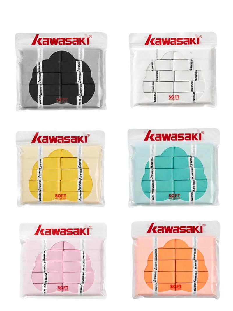 Set of Kawasaki racket strings in various colors on a white background