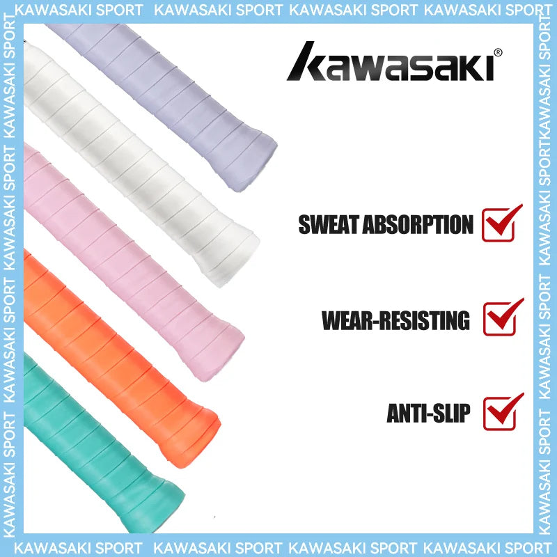 Kawasaki sports grips in various colors with features listed on a white background.