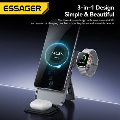 Essager 3-in-1 Wireless Charger Stand 15W – MagSafe Compatible for iPhone, Apple Watch & AirPods