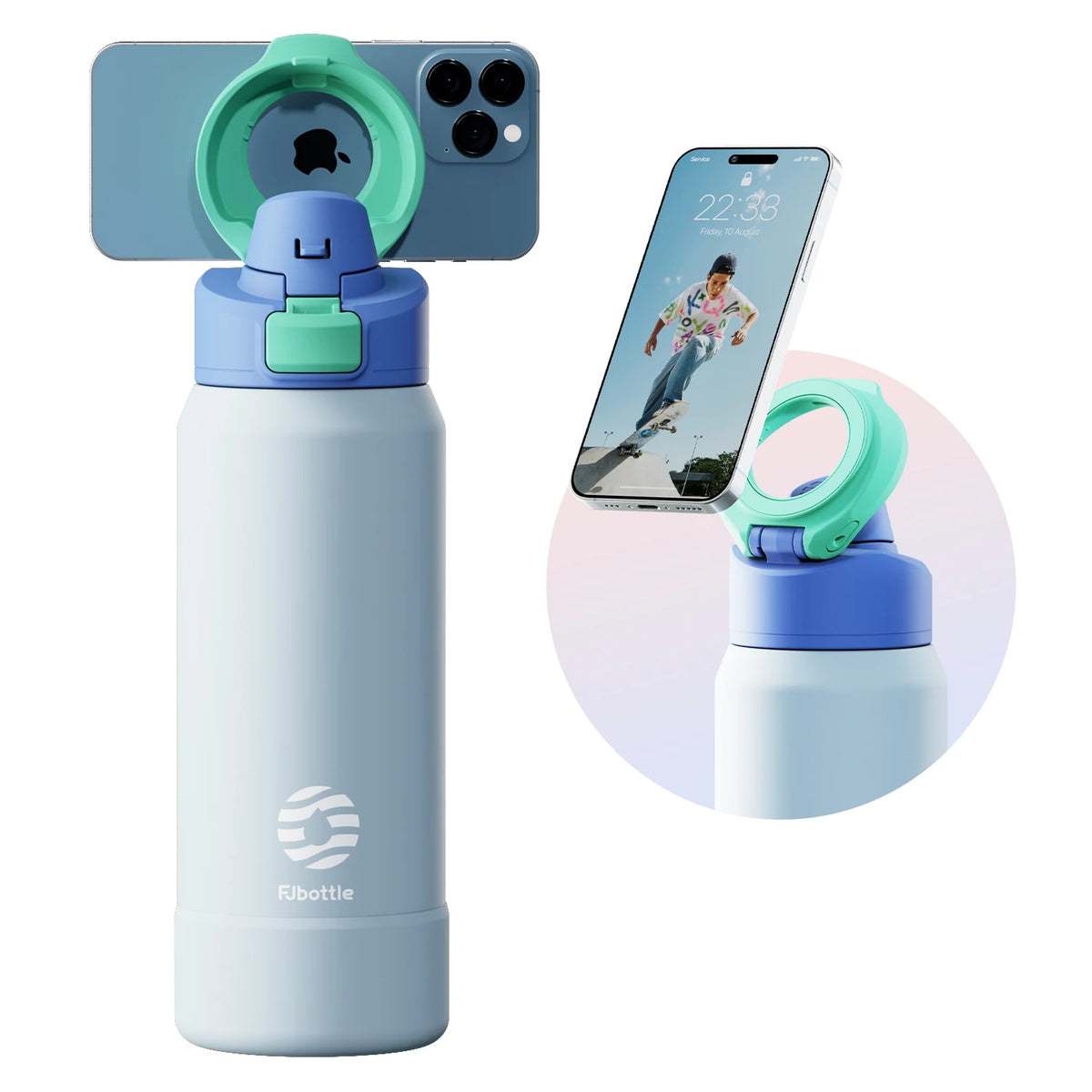 Blue water bottle with a phone holder attachment on a white background