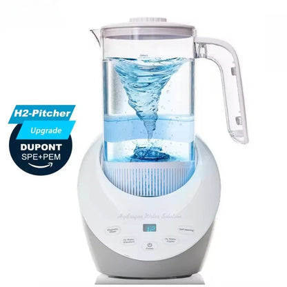 White water pitcher with blue liquid, featuring Dupont SPE+PEM technology on a white background.