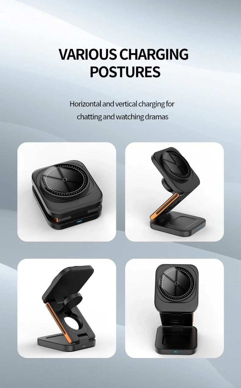 Phone charging stand with various charging postures on a light gray background