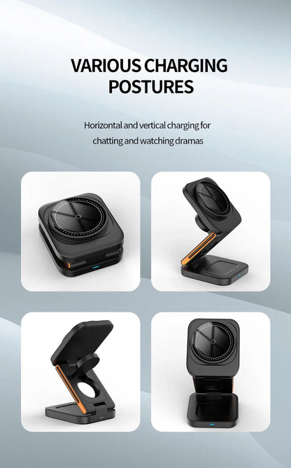 Phone charging stand with various charging postures on a light gray background