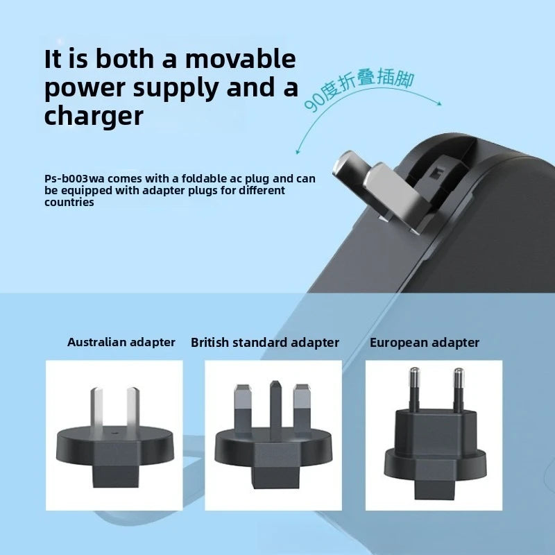 Foldable power supply and charger with adapter plugs for different countries on a blue background.