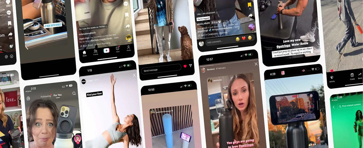 Collage of smartphone screens showing various apps and user interfaces.