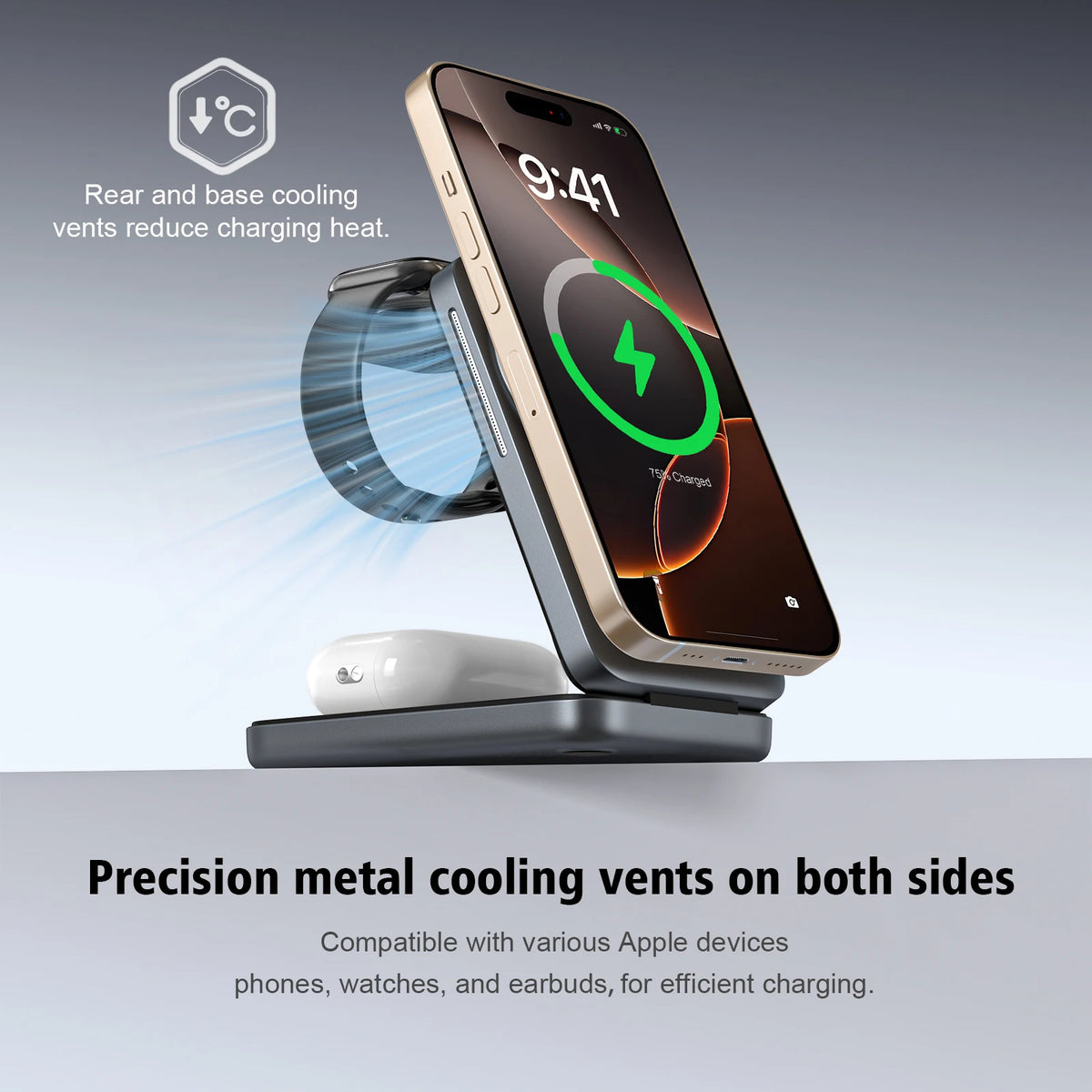Wireless charging stand with smartphone, watch, and earbuds on a gray background