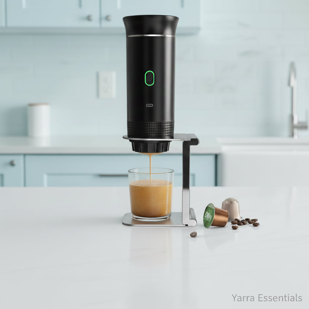 usb-electric-portable-espresso-coffee-machine-for-car-home-camping-coffee-maker-3-in-1-capsule-powder-travel-coffee-maker dispensing coffee into a glass on a kitchen counter.