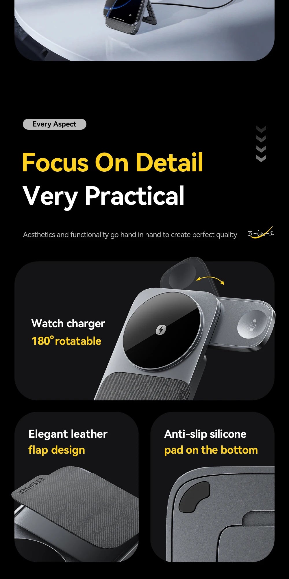 Essager 3-in-1 Wireless Charger Stand 15W – MagSafe Compatible for iPhone, Apple Watch & AirPods