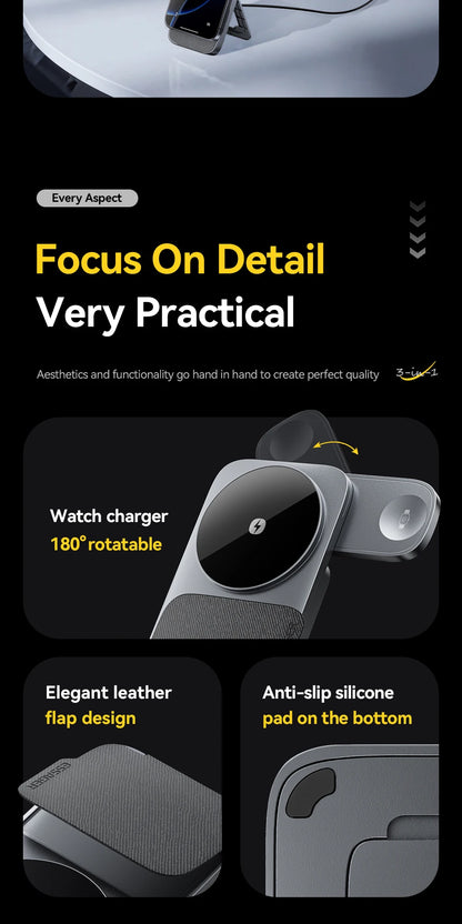 Essager 3-in-1 Wireless Charger Stand 15W – MagSafe Compatible for iPhone, Apple Watch & AirPods