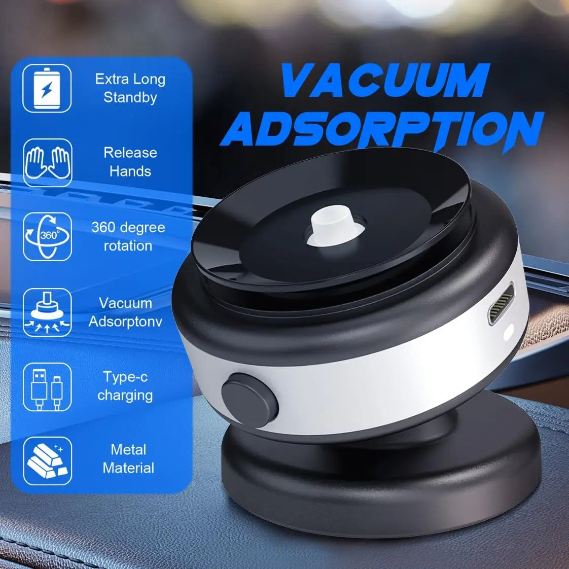 Vacuum adsorption device with features listed on a blue background