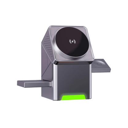 Wireless charging pad with a green indicator light on a white background