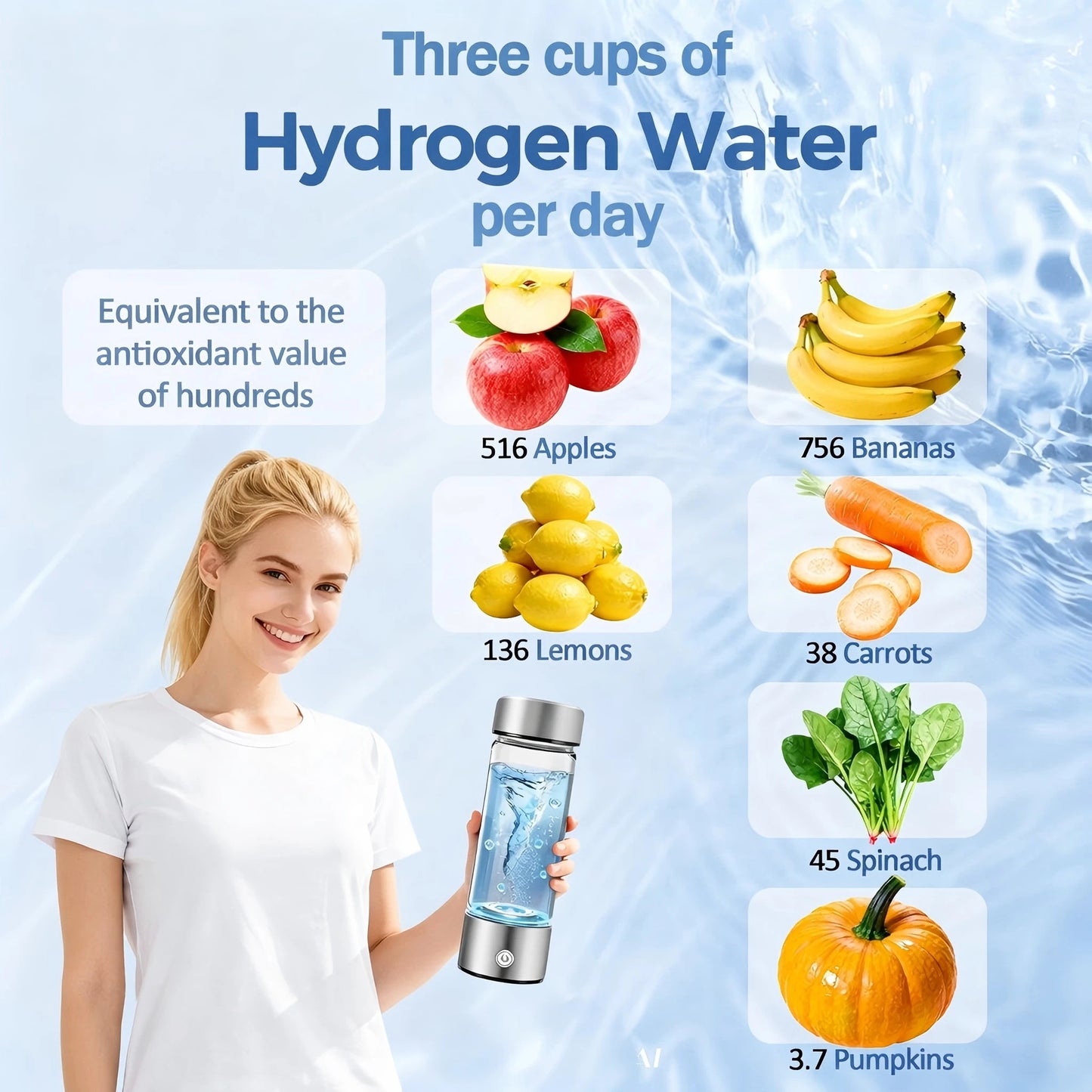 Person holding a hydrogen water bottle with illustrated fruits, vegetables, and pumpkins on a blue water background.