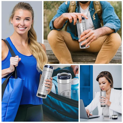 Collage of people using a silver tumbler in various settings