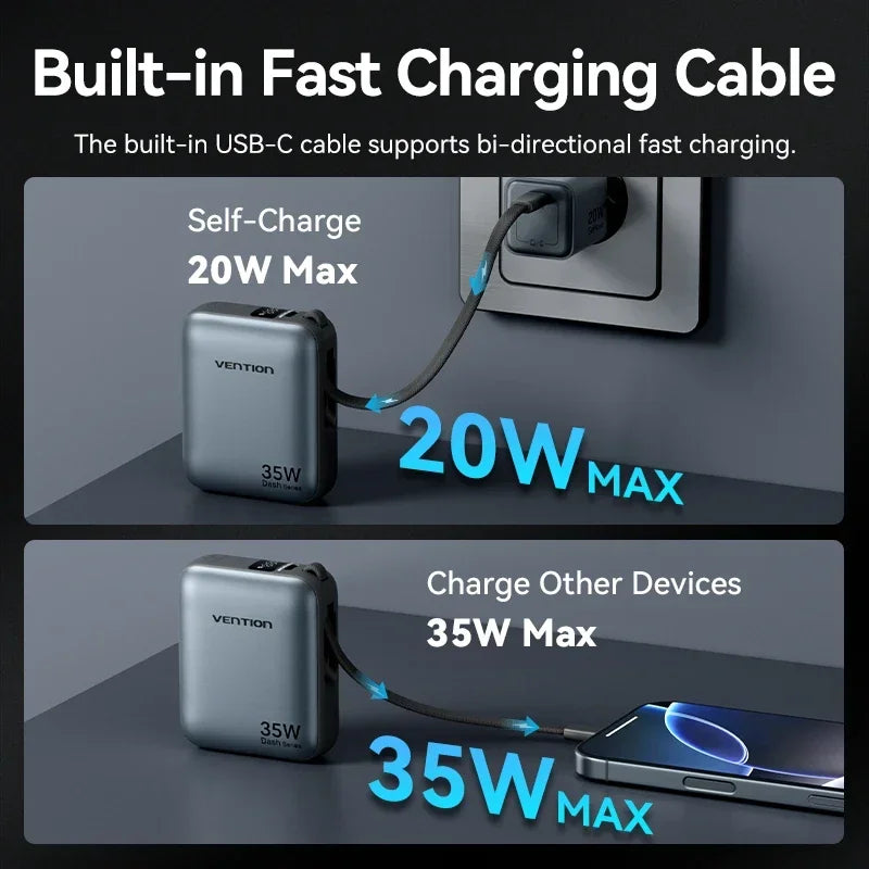 Mini Power Bank 10000mAh – 35W Fast Charge with Built-in Cable & Digital Display