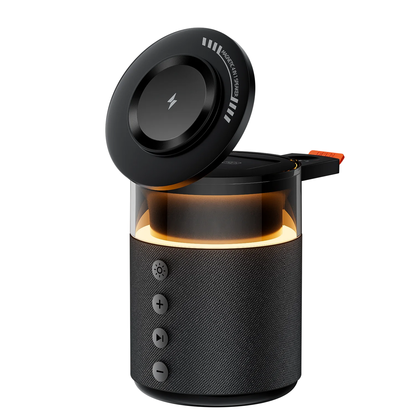 Black portable speaker with a glowing interior on a white background
