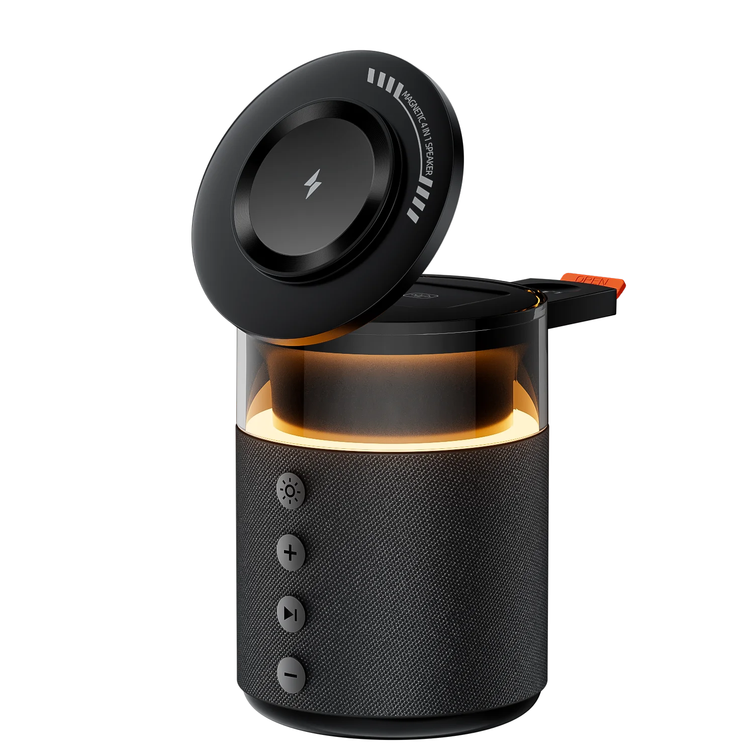 Black portable speaker with a glowing interior on a white background