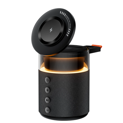 Black portable speaker with a glowing interior on a white background