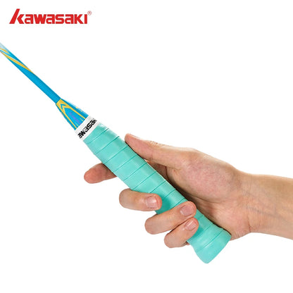 Hand holding a turquoise badminton racket with Kawasaki branding on a white background