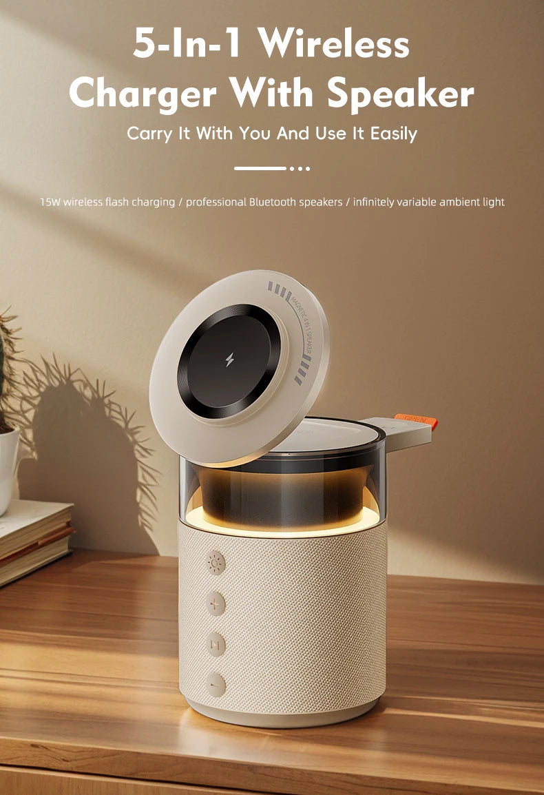 5-in-1 wireless charger with speaker on a wooden surface with a beige background
