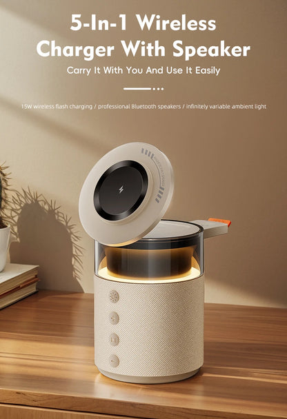 5-in-1 wireless charger with speaker on a wooden surface with a beige background