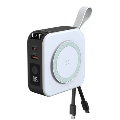 Portable power station with wireless charging pad on a white background