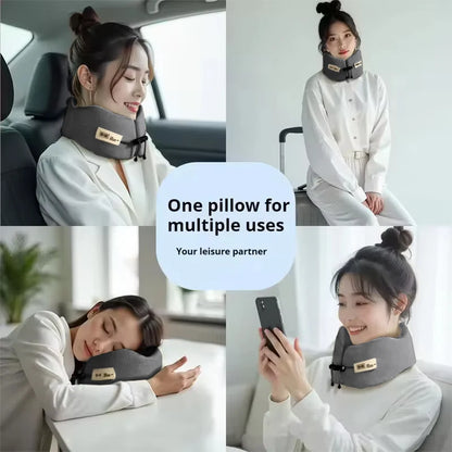 Collage of a woman using a neck pillow in various settings with text 'One pillow for multiple uses'.